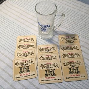 Vintage Olympia mat coasters (11) and glass